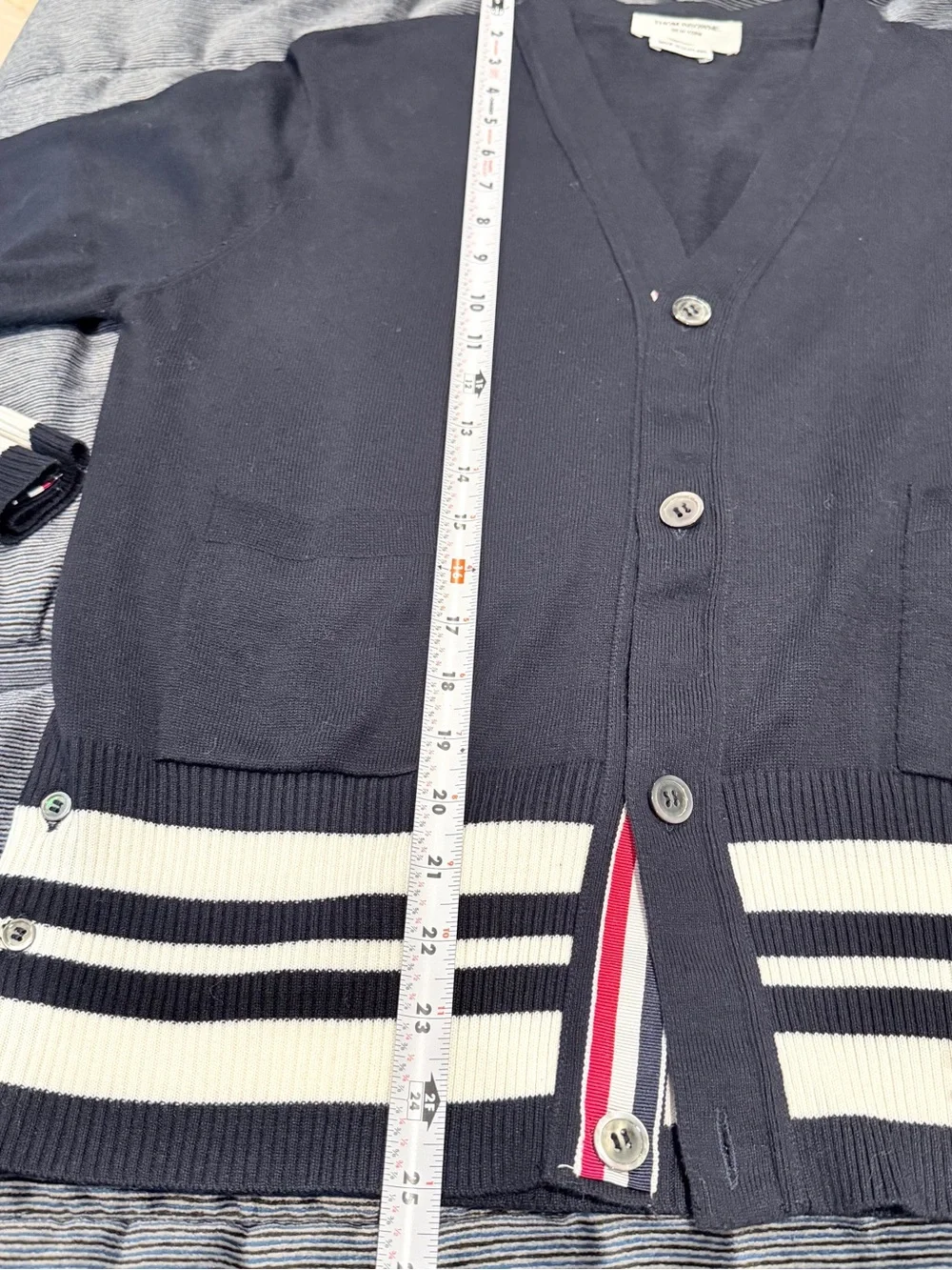 Authentic Thom Browne Navy Wool Cardigan Sweater Stripe Trim Made in Scotland SM